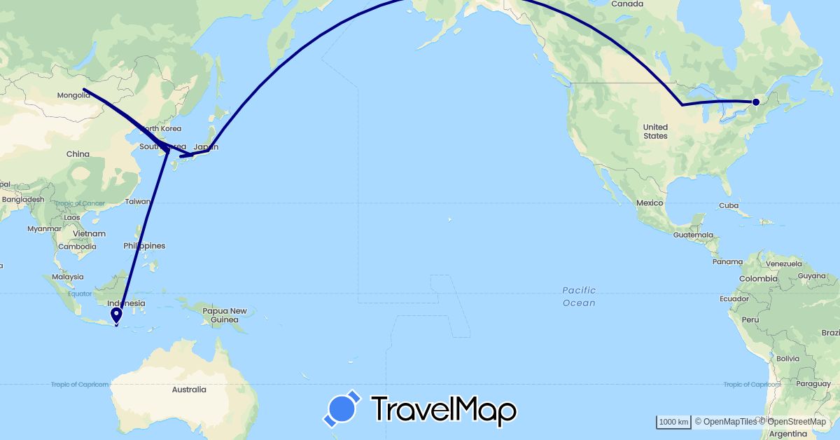 TravelMap itinerary: driving in Canada, Indonesia, Japan, South Korea, Mongolia, United States (Asia, North America)